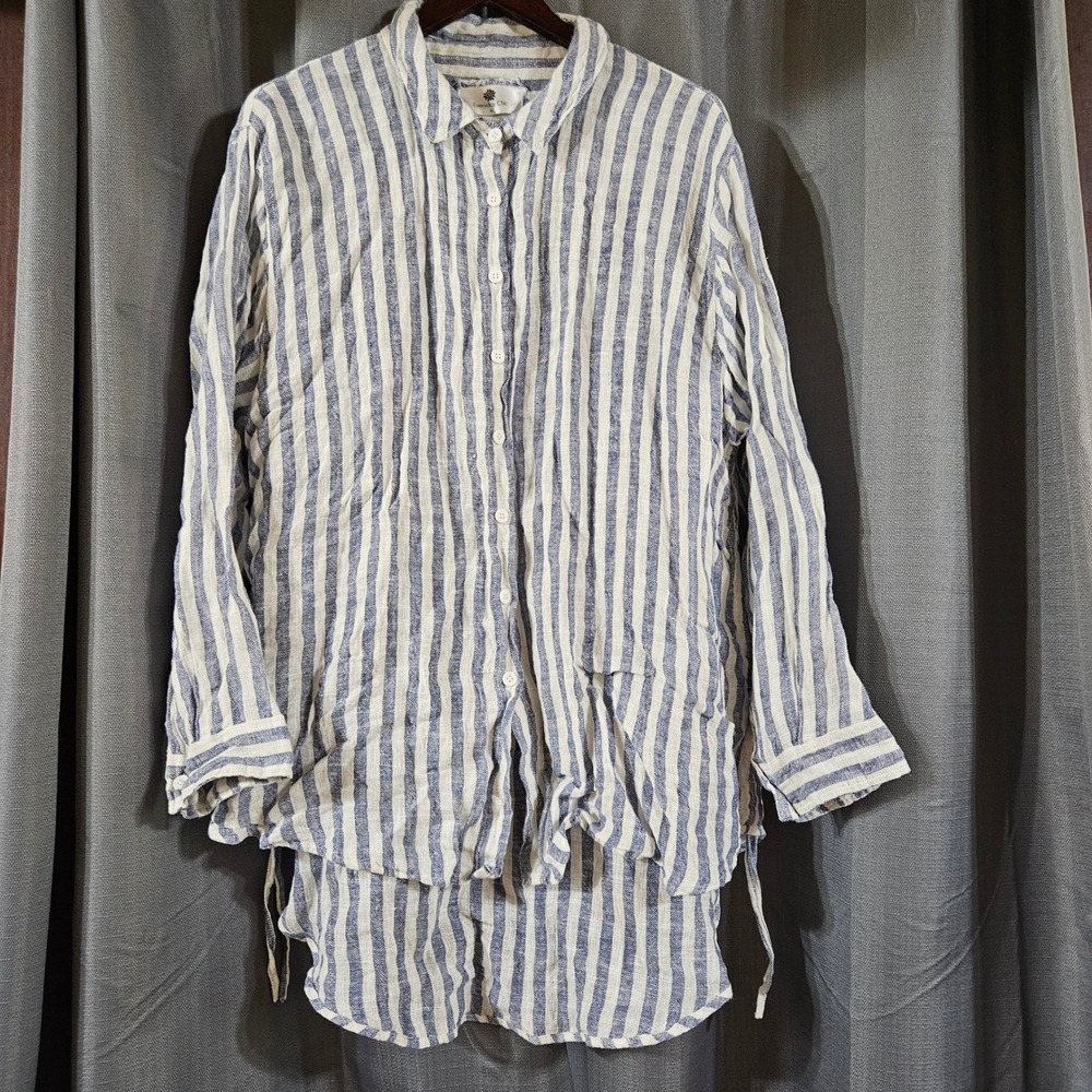 Everyday Chic Blue White Striped 100% Linen Gauze Button Down Shirt Side Tie M